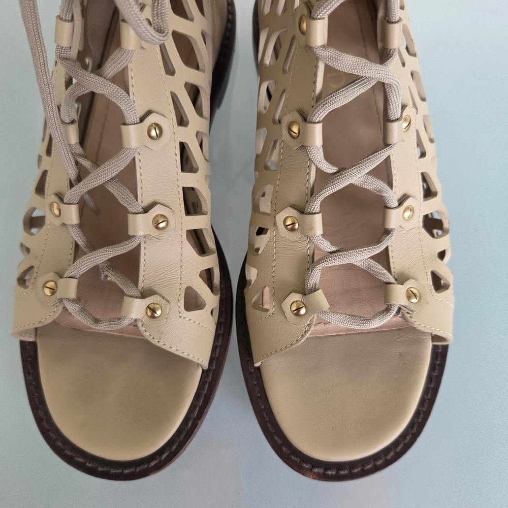 Christian Dior Beige Leather Laser Cut Gladiator Flat Sandals Lace Up Zip 37.5 - Picture 9 of 14